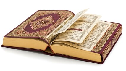 Open Holy Quran with Burgundy Cover and Gold Patterns
