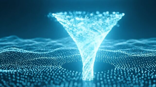 Abstract data funnel illustration with glowing particles, representing data processing and information filtering.