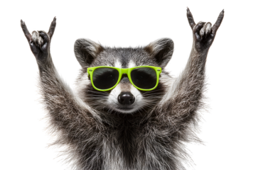 Funny raccoon in green sunglasses making a rock and roll gesture.