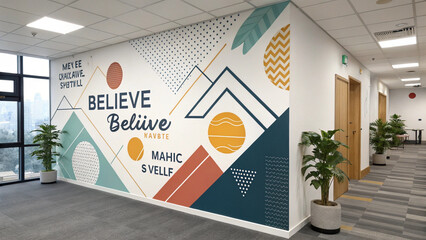 Contemporary Office Corridor Design Featuring Motivational Geometric Mural with Inspirational Typography © ahmad hussain