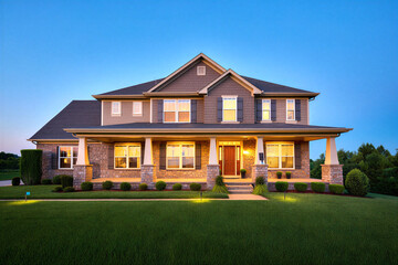 Beautiful large house with porch and green lawn in front at dusk or evening  residential architecture