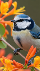 Obraz premium Blue and Yellow Bird Perched on Orange Flower