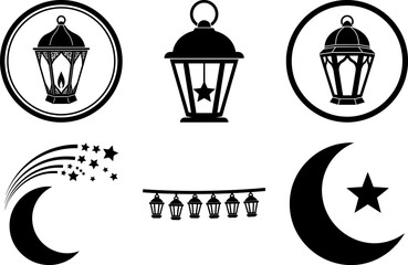 Elegant Collection of Islamic Festive Icons with Decorative Lanterns Falling Stars and Moon Silhouette for Ramadan and Eid Mubarak Graphics