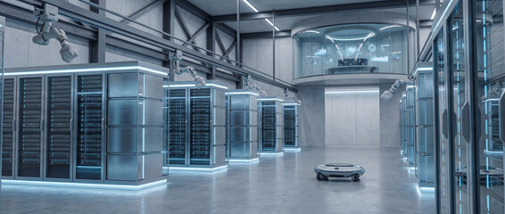Obraz premium Cyber Fortress: A glimpse into a state-of-the-art data center, showcasing sleek server racks, advanced technology, and a commitment to data security and digital infrastructure.