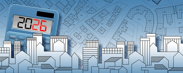 2026 REAL ESTATE PLANNING BANNER CONCEPT WITH GRAPH - Business ideas in building activity and construction industry - New financial year and Budget 2026 concept with calculator