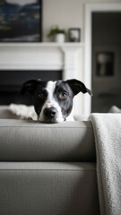 Black and White Dog Peeking Over Couch Arm in Living Room