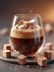 Iced coffee splashing with sugar cubes and foam