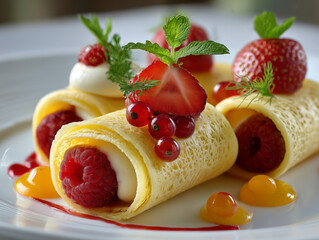 Crepes with fresh berries and cream for dessert