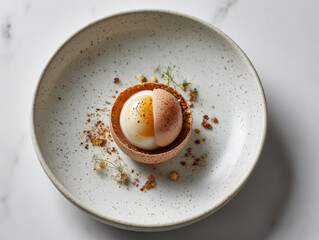 Gourmet egg dish served in ceramic bowl with delicate plating