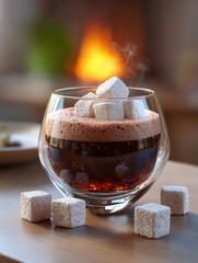 Hot chocolate drink with marshmallows near a fireplace