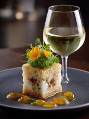 Gourmet appetizer with edible flowers and white wine pairing