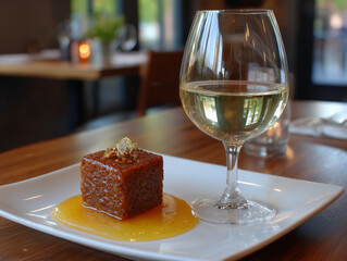 Dessert cake with white wine pairing in restaurant