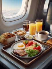 Airplane in-flight meal with breakfast on tray table