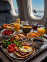 In-flight gourmet breakfast served on airplane tray table with window view