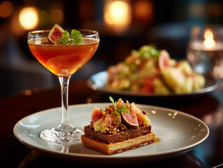 Gourmet fig appetizer and cocktail at elegant restaurant