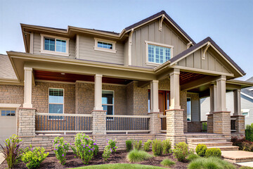 Beautiful large modern house with stone and wood exterior and spacious front porch and garden  real estate suburban home