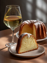 Bundt cake slice with white wine glass on table