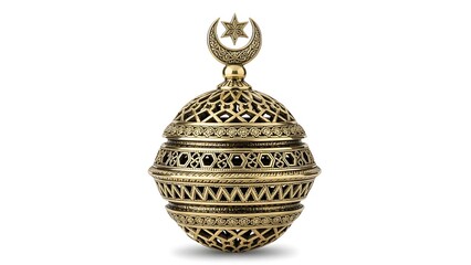Ornate Golden Islamic Incense Burner with Crescent Moon and Star Symbol