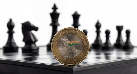 Indian 10 Rupee Coin on Chessboard with Chess Pieces - Economic Strategy and Finance Concept
