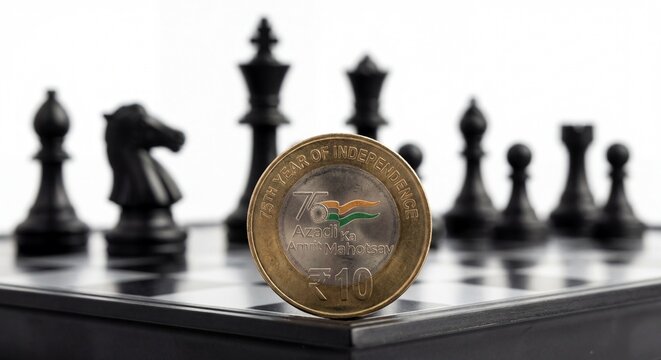 Indian 10 Rupee Coin on Chessboard with Chess Pieces - Economic Strategy and Finance Concept
