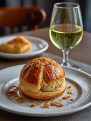 Gala frangipane pithivier dessert with white wine at restaurant