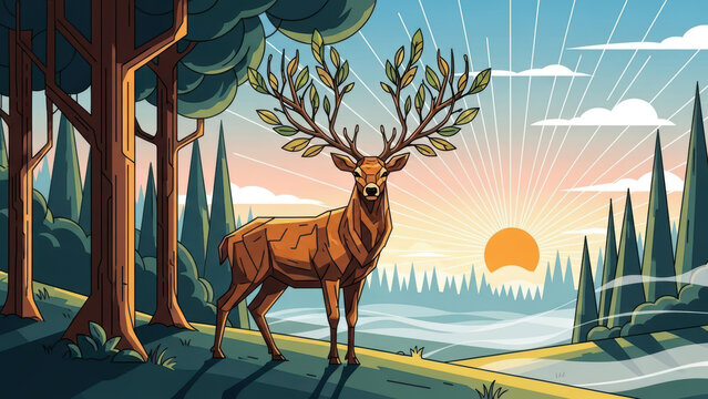 Deer standing in a sunlit forest at sunset