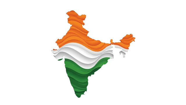 Illustration of India map with wavy orange, white, and green flag design on a white background, celebrating Republic Day.
