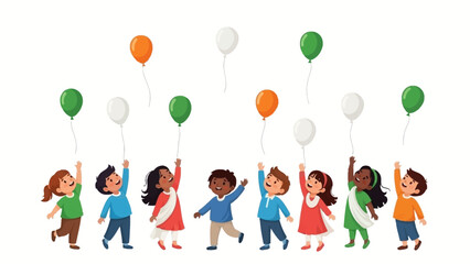 Illustration of diverse children holding orange, green, and white balloons on Republic Day in India with a joyful atmosphere. © RizqiArdi