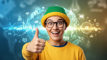 Person with glasses giving thumbs-up in front of digital globe