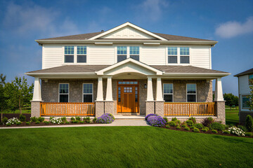 Beautiful suburban twostory house with white siding brick facade and large front porch under blue sky with green lawn