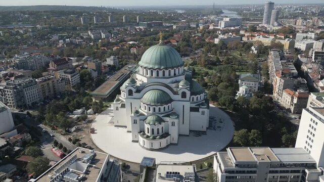Aerial view of the Church of Saint Sava in Belgrade, the largest Orthodox church in Srbija. Drone video, flying backwards.