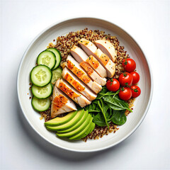 Delicious and healthy meal with grilled chicken quinoa bowl sliced avocado cucumber cherry tomatoes and spinach on white plate