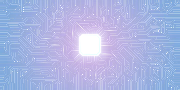 Futuristic blue AI circuit board with glowing data lines and a central microchip hub. This abstract digital pattern represents smart cpu systems, cloud networks, and artificial intelligence.