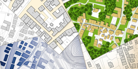 Imaginary cadastral map of territory with buildings, roads and land parcel - land registry concept illustration - Note: The map background is totally invented and does not represent any real place © Francesco Scatena