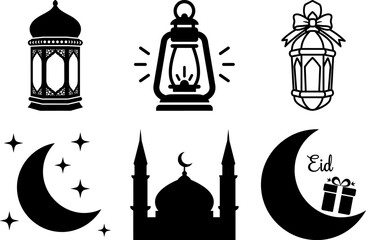 Islamic ramadan Festive Icon Set with Traditional Lanterns Mosque Silhouette and Crescent Moon with Stars and Eid Gift Box Symbols