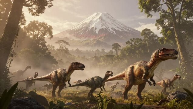 animated scene dinosaurs plants grass rocks trees mountain background sky full clouds