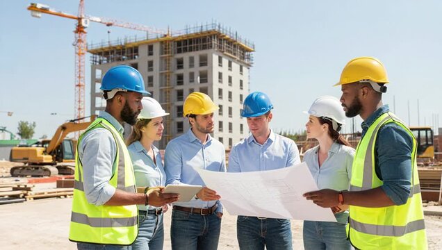 group construction workers wearing hard hats safety vests standing construction site looking blueprints background th
