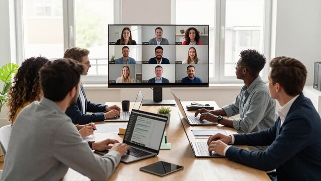 group people sitting around conference table laptops papers pens mobile phone plant pot monitor objects