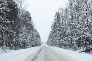 Winter road through the forest