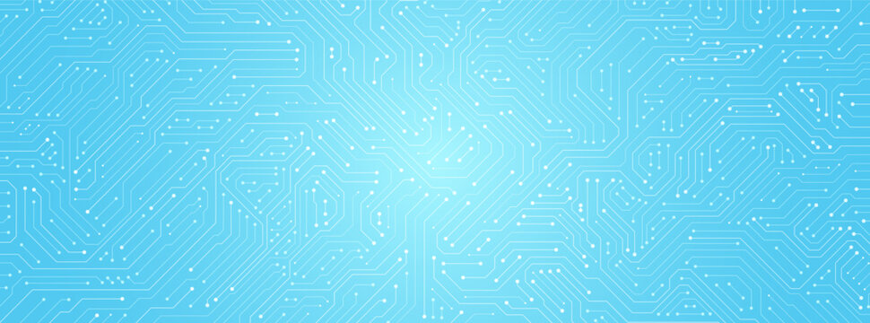 Bright 3d circuitry network with white and blue data lines on a clean digital background. AI circuit board abstract pattern represents smart pcb design, microchips, and future power systems.