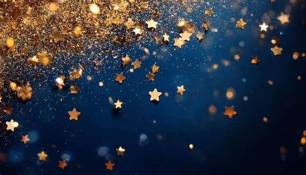 Fond Nuit Bleu Sombre Confettis Paillettes Lumineux Dore Or Noel Reveillon Fete Celebration