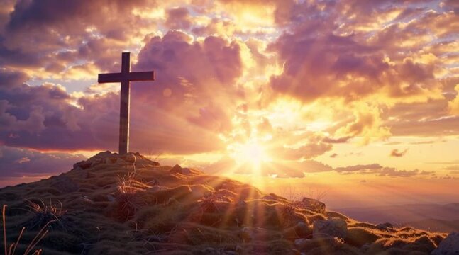 Peaceful Good Friday scene with a wooden cross on a hill at sunset. Golden and purple sky with rays of light breaking through clouds, symbol of sacrifice and hope.