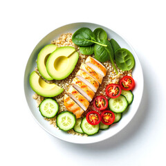 Healthy food bowl with chicken breast quinoa avocado cucumber tomato and spinach leaves on white background