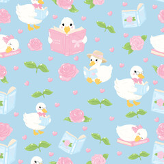 Cute Duck seamless pattern bookish bookworm booklover, whimsical pattern featuring charming ducklings, books, and roses in a soft, dreamy design, call duck pattern