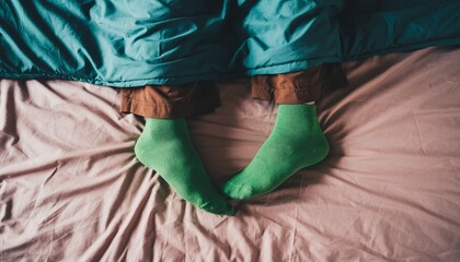 Person's feet in bright green socks and brown pajamas stick out from under a teal duvet while lying in a cozy, wrinkled bed, seen from a top-down perspective