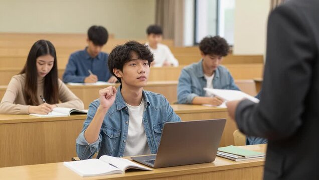 man sitting desk front laptop computer classroom surrounded group people sitting benches