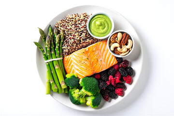 Healthy food plate with salmon asparagus broccoli quinoa berries nuts and guacamole on a white background