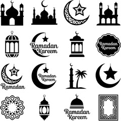 Mega Collection of Islamic Icons and Symbols featuring Mosque Silhouettes, Traditional Lanterns, Crescent Moons, and Ramadan Kareem Calligraphy