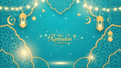 Ramadan Kareem greeting with golden lanterns, crescent, stars, and Islamic pattern on teal background.