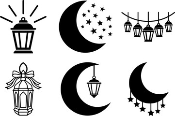 Islamic Ramadan Icon Set with Crescent Moon, Stars, and Traditional Lanterns (Fanous) for Eid Mubarak and Holy Month Decorations